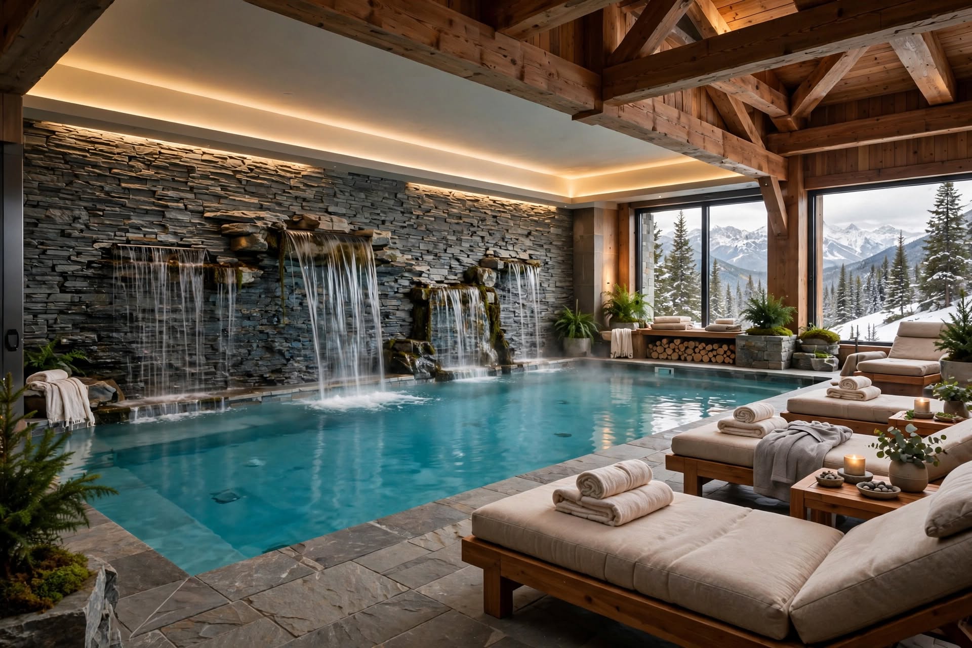 Serene indoor hydrotherapy pool with stone fountain and heated deck