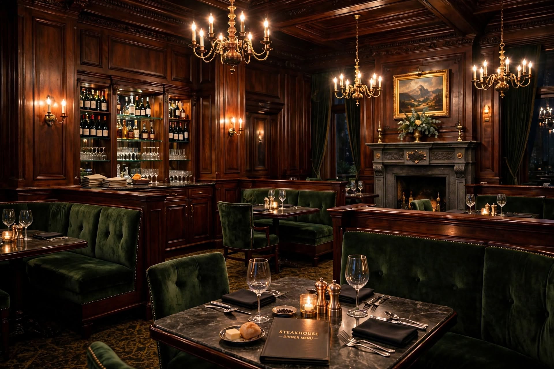 Rich mahogany fine dining room with ambient lighting in a historic resort
