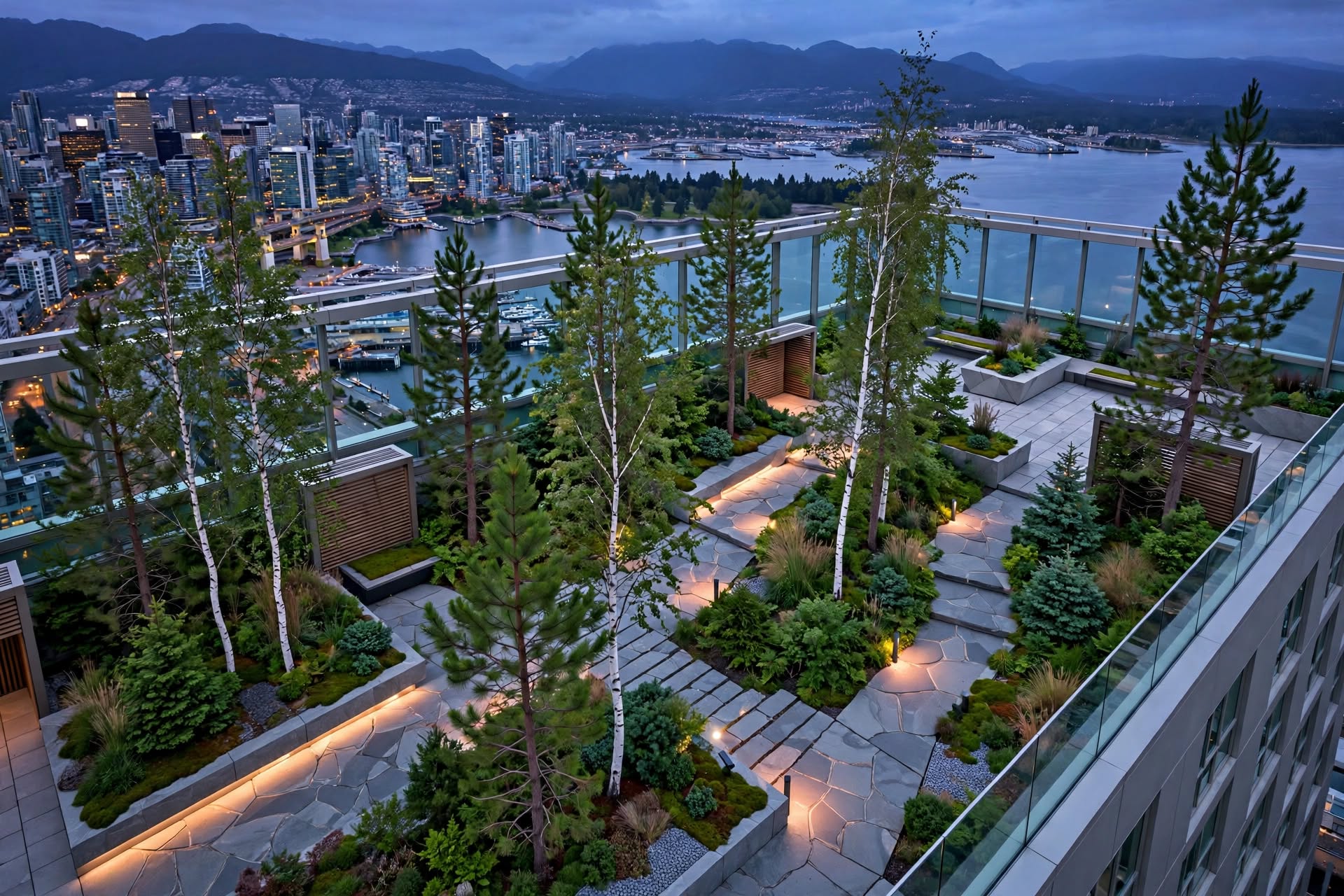 Elevated rooftop park and surrounding architecture at a premier Canadian resort